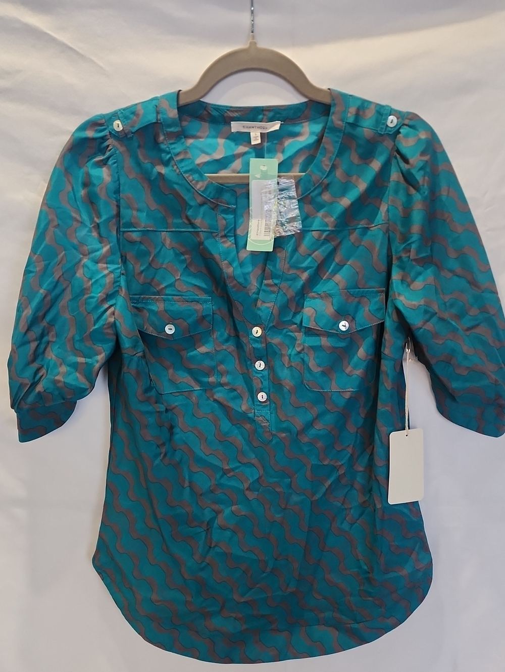 Teal and Gray Wave-Print Button Blouse